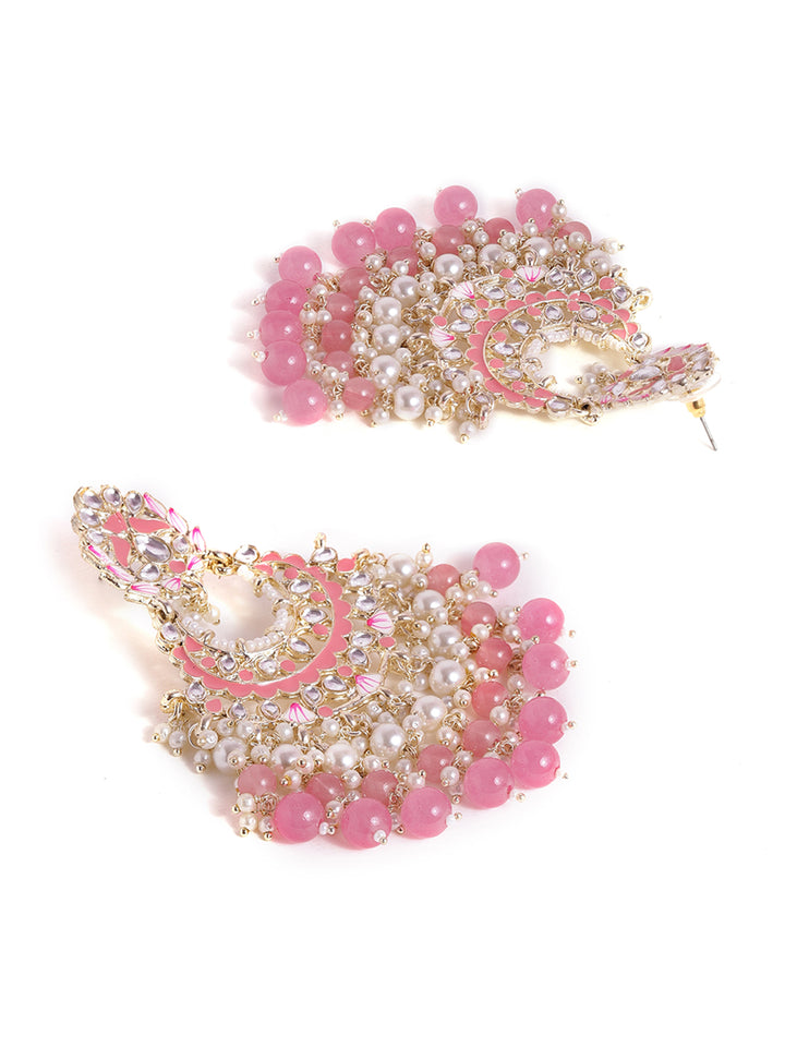 Priyaasi Pink Meenakari eleagance mini Fresh Water pearls pink beads chandbali gold plated pushback earrings