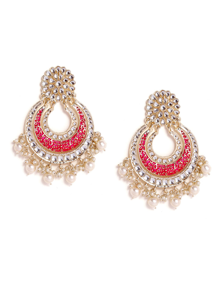 Priyaasi Pink Meenakari design Kundan Fresh Water Pearl Chandbali Style gold plated earrings