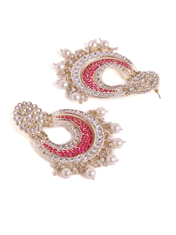 Priyaasi Pink Meenakari design Kundan Fresh Water Pearl Chandbali Style gold plated earrings