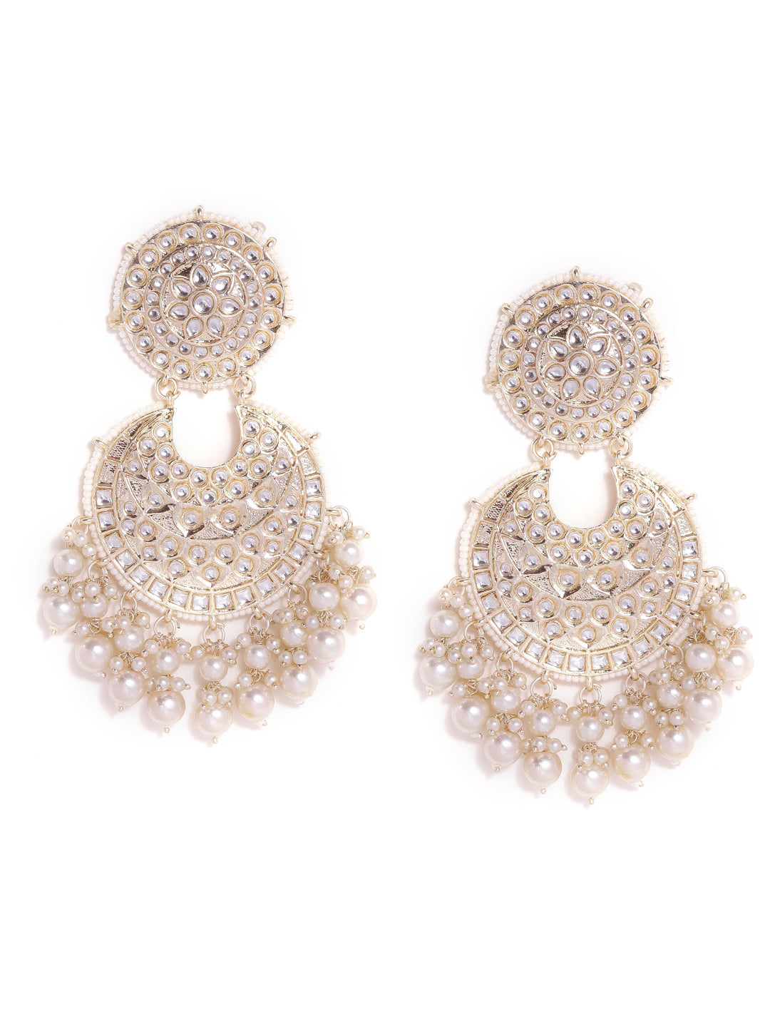 Priyaasi White Floral Fresh Water Pearl kundan Chandbali style push back earrings