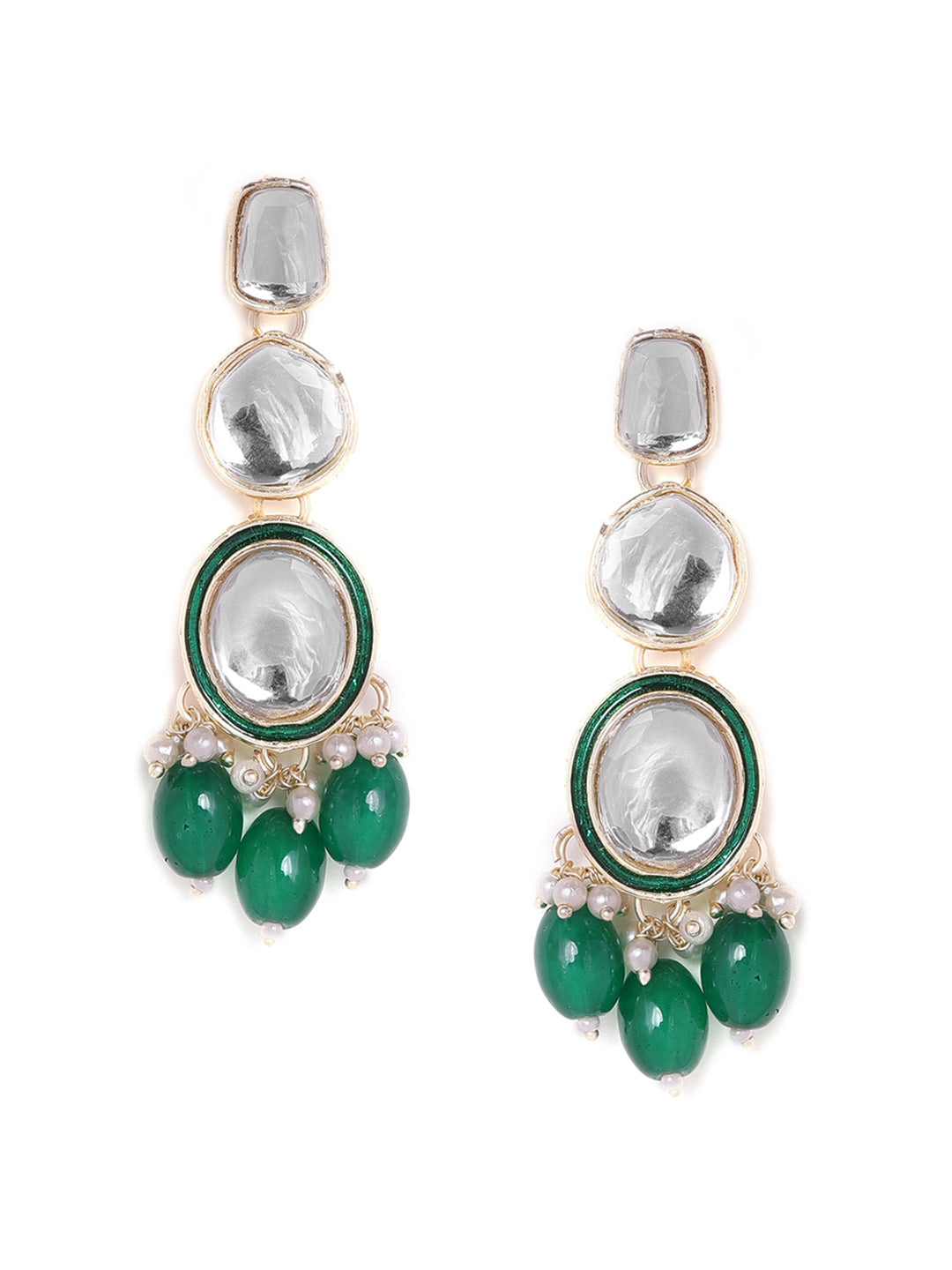 Priyaasi Geometric Shape Green beads Gold Plated drop push back earrings