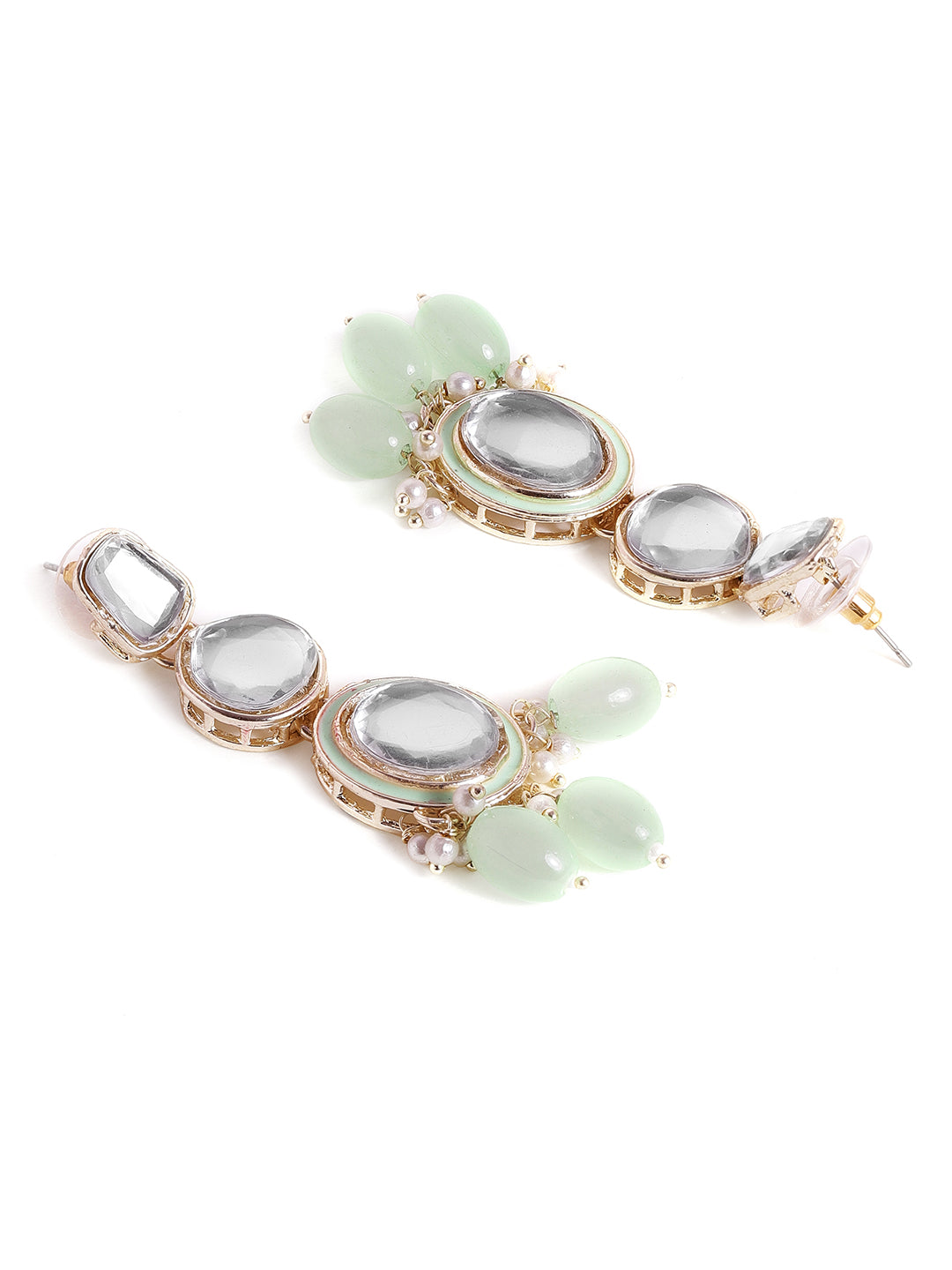 Priyaasi Kundan Drop shape Mint beads Gold Plated push back earrings