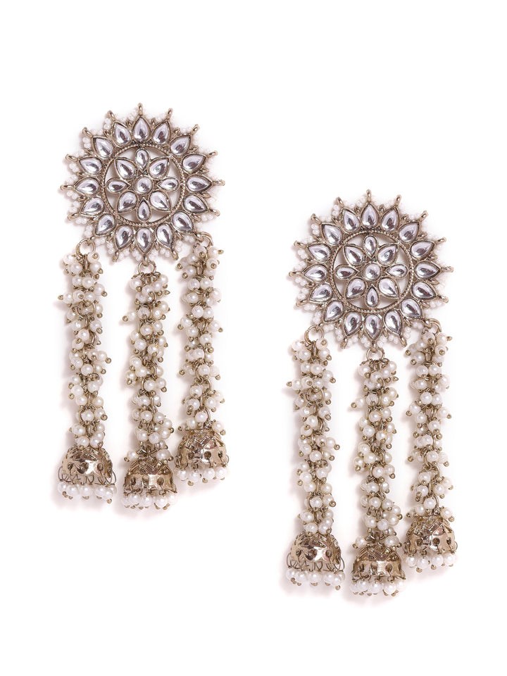 Priyaasi Kundan Floral Stud Fresh Water Pearl Tassels mini jhumkis gold plated push back earrings