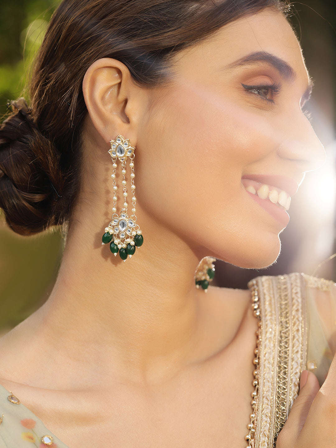Priyaasi Floral Design Fresh Water Pearl Tassels Green beads Gold Plated Dangler earrings