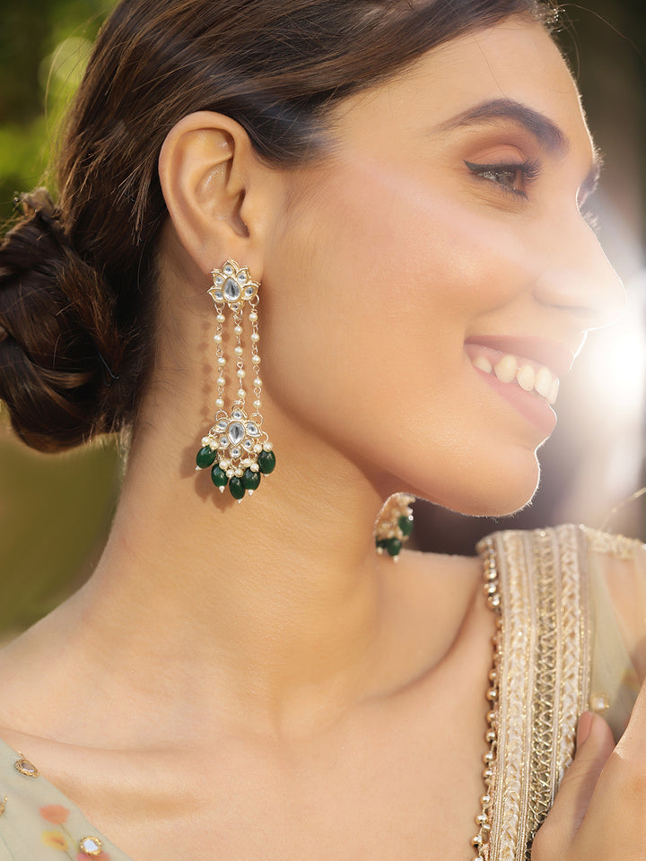 Priyaasi Floral Design Fresh Water Pearl Tassels Green beads Gold Plated Dangler earrings