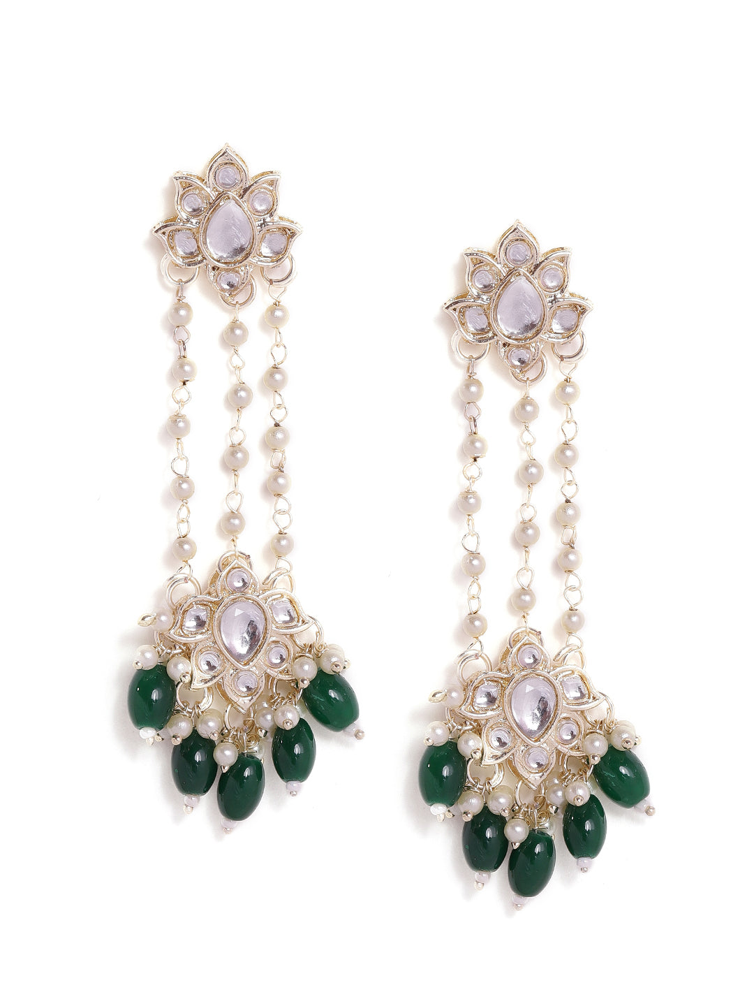 Priyaasi Floral Design Fresh Water Pearl Tassels Green beads Gold Plated Dangler earrings