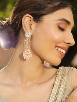 Priyaasi Floral Stud Fresh Water Pearl Tassels Pink Beads Kundan Gold Plated Push back Earrings
