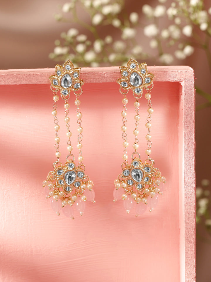 Priyaasi Floral Stud Fresh Water Pearl Tassels Pink Beads Kundan Gold Plated Push back Earrings