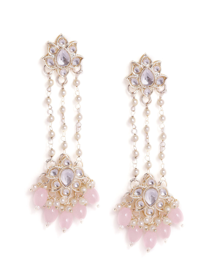 Priyaasi Floral Stud Fresh Water Pearl Tassels Pink Beads Kundan Gold Plated Push back Earrings