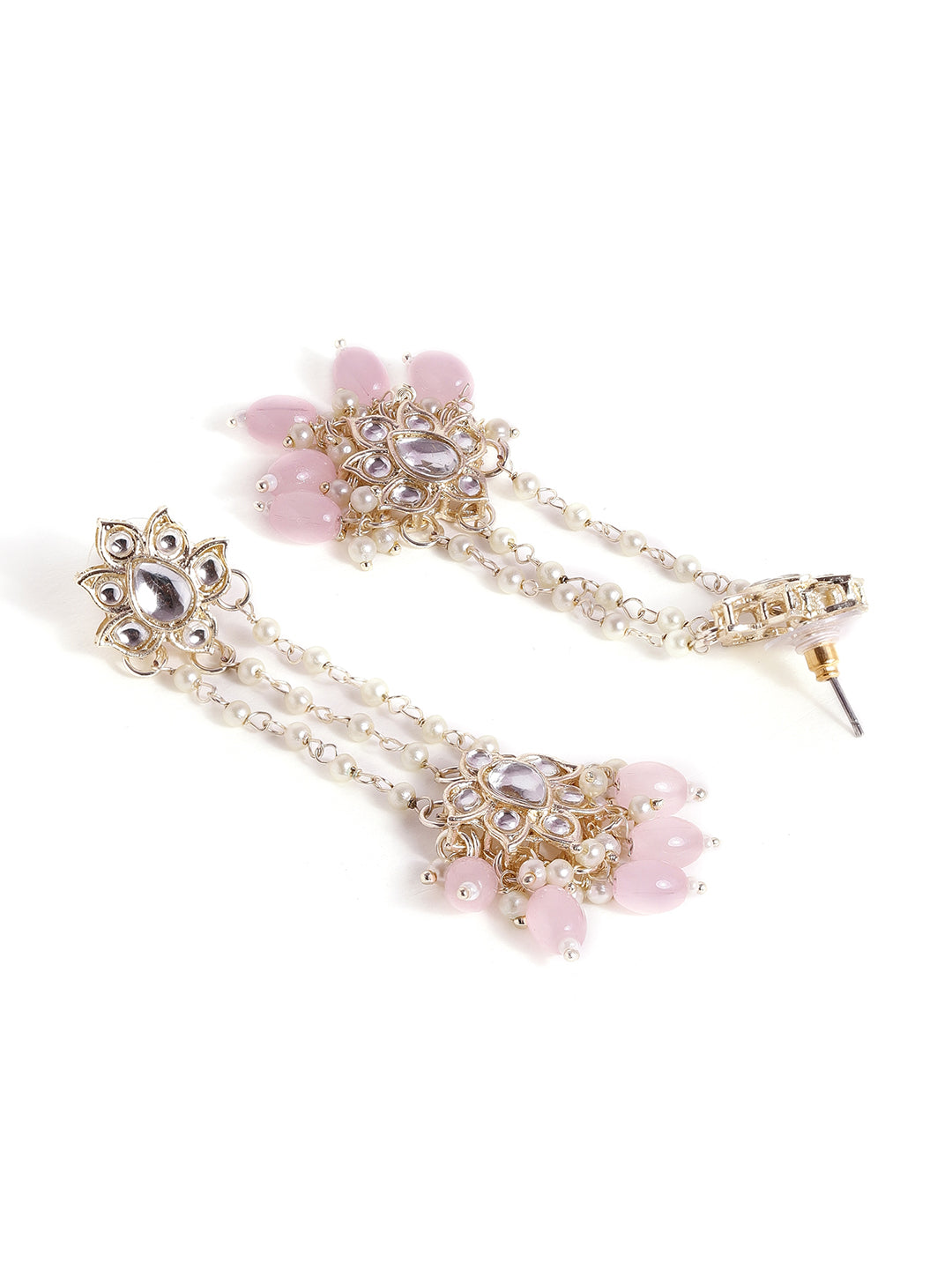 Priyaasi Floral Stud Fresh Water Pearl Tassels Pink Beads Kundan Gold Plated Push back Earrings