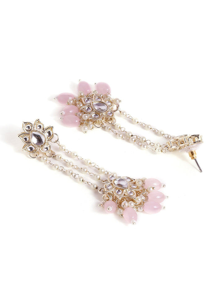 Priyaasi Floral Stud Fresh Water Pearl Tassels Pink Beads Kundan Gold Plated Push back Earrings