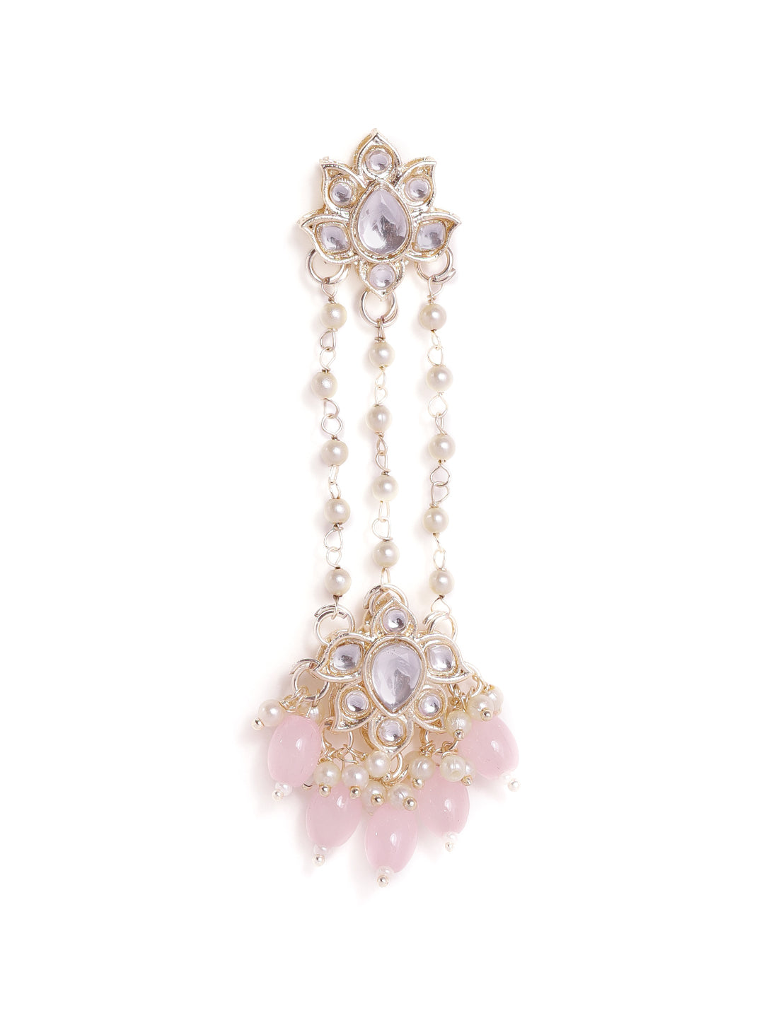 Priyaasi Floral Stud Fresh Water Pearl Tassels Pink Beads Kundan Gold Plated Push back Earrings