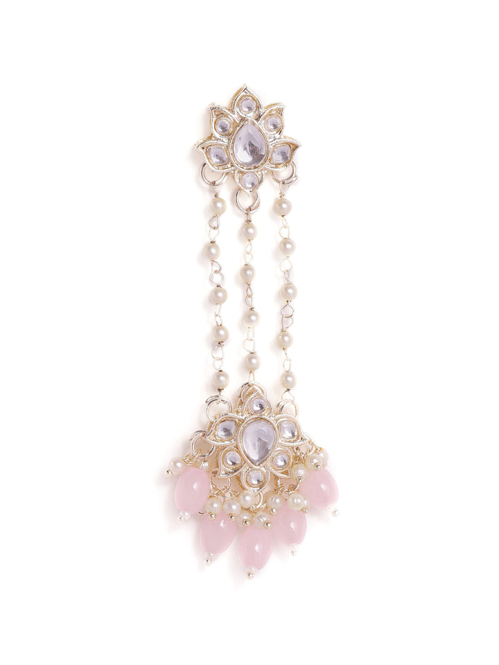 Priyaasi Floral Stud Fresh Water Pearl Tassels Pink Beads Kundan Gold Plated Push back Earrings