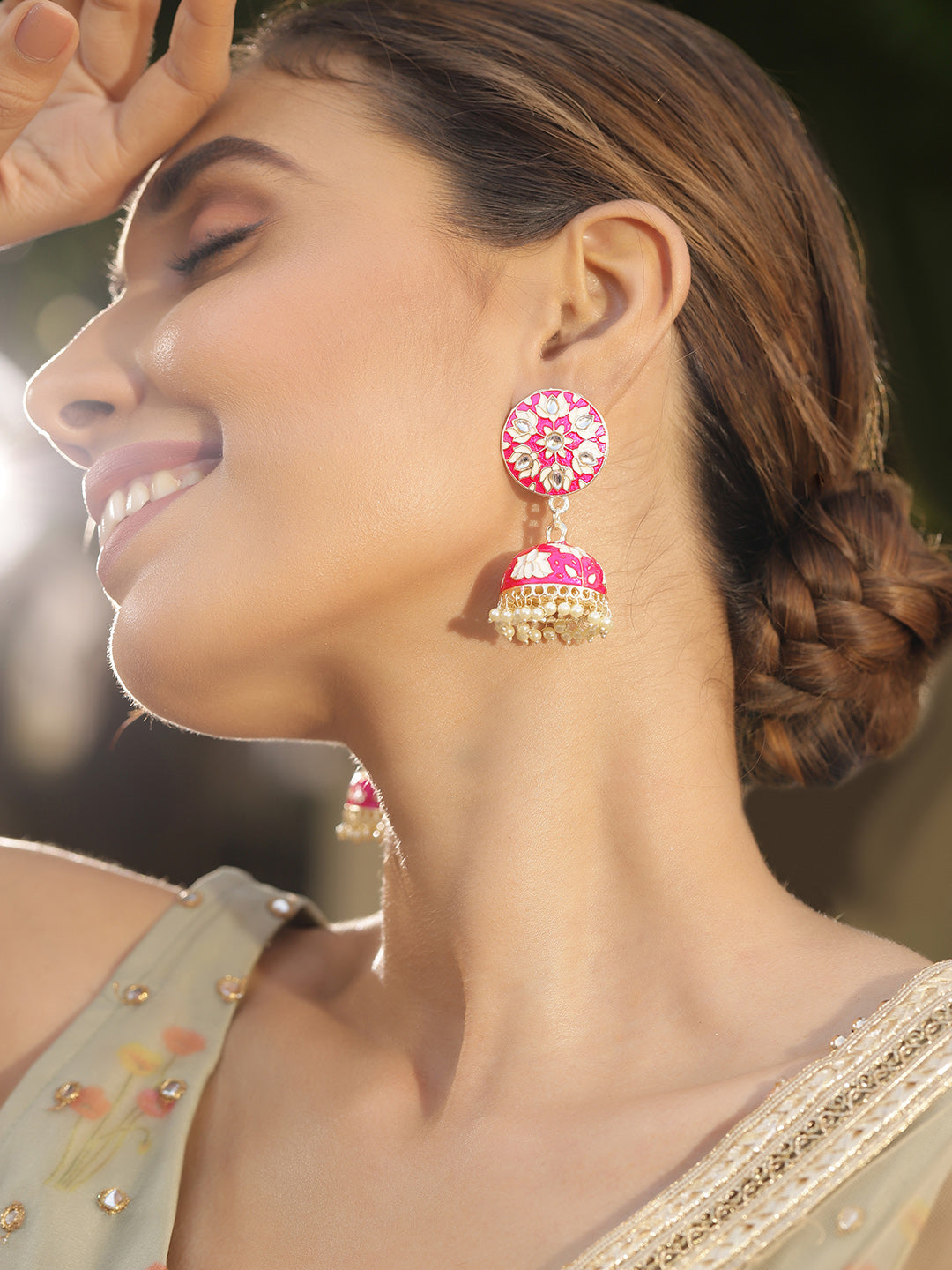 Priyaasi Pink Meenakari Kundan Floral Design Jhumiki Gold Plated Earrings