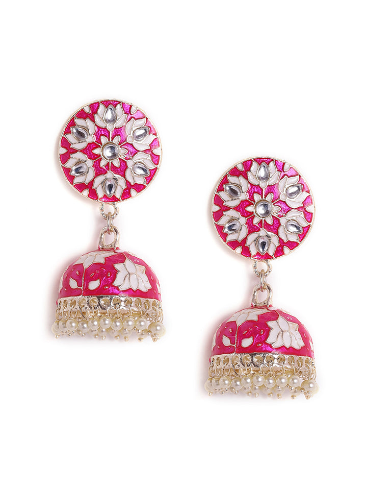 Priyaasi Pink Meenakari Kundan Floral Design Jhumiki Gold Plated Earrings