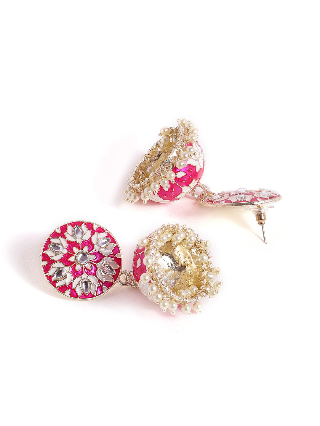 Priyaasi Pink Meenakari Kundan Floral Design Jhumiki Gold Plated Earrings