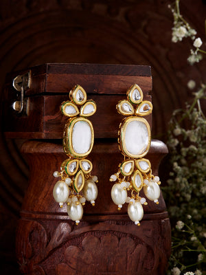 Priyaasi Antique Square Kundan Pearls Gold Plated Simple Drop Earrings