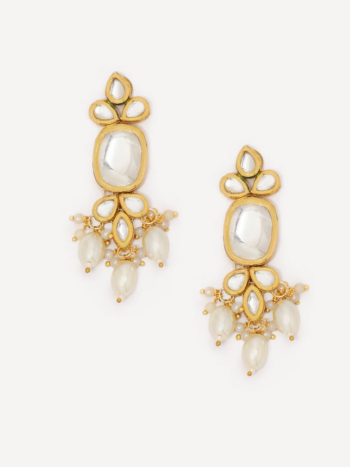 Priyaasi Antique Square Kundan Pearls Gold Plated Simple Drop Earrings