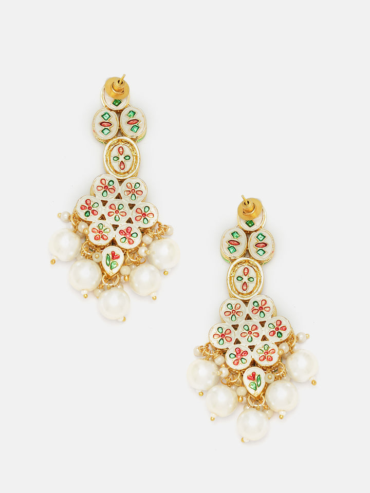 Priyaasi Exquisite Floral Design Drop Earrings with Gold-Plated Kundan and Pearl Balls