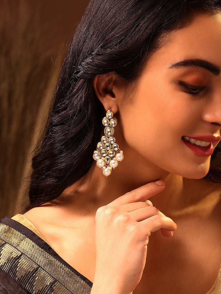 Priyaasi Exquisite Floral Design Drop Earrings with Gold-Plated Kundan and Pearl Balls