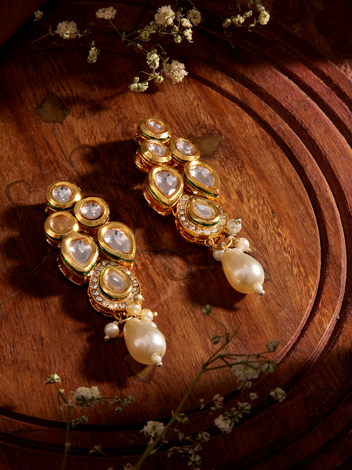 Priyaasi Plain Gold Plated Drop Style Kundan Pearl Pushback Drop Earrings