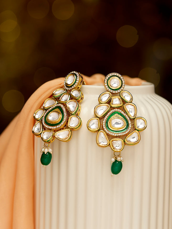 Priyaasi Green Kundan Bead Statement Style Gold Plated Floral Drop Earrings