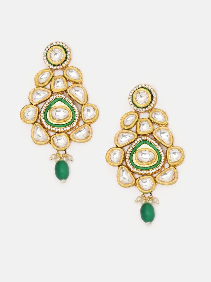 Priyaasi Green Kundan Bead Statement Style Gold Plated Floral Drop Earrings