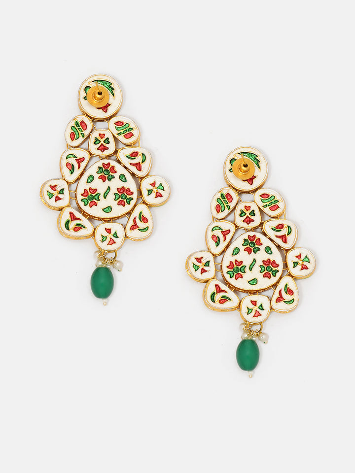 Priyaasi Green Kundan Bead Statement Style Gold Plated Floral Drop Earrings