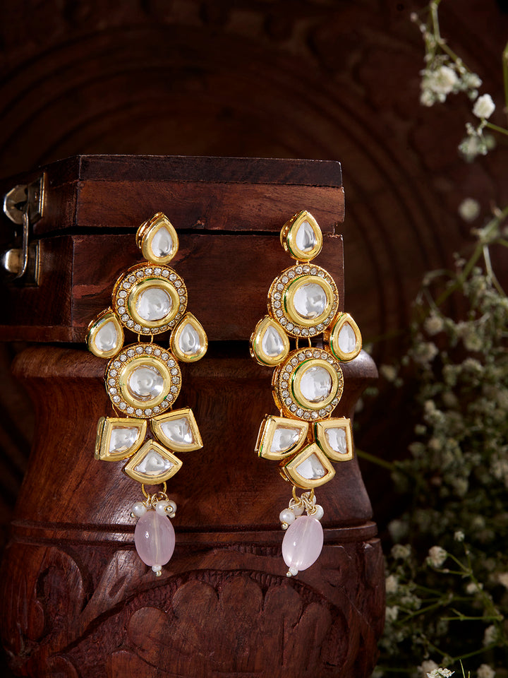 Priyaasi Kundan Geometric Pattern Gold Plated Pink Bead Drop Earrings