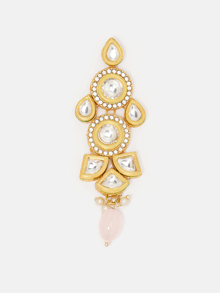 Priyaasi Kundan Geometric Pattern Gold Plated Pink Bead Drop Earrings