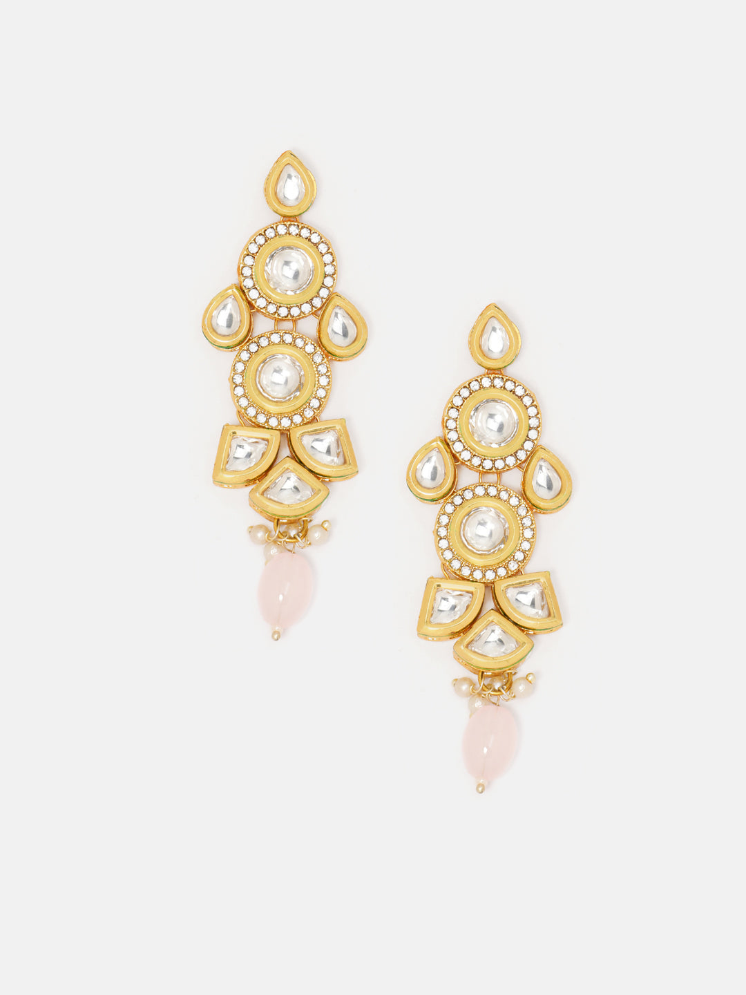 Priyaasi Kundan Geometric Pattern Gold Plated Pink Bead Drop Earrings