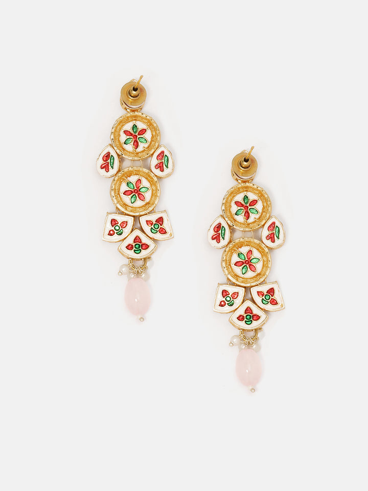 Priyaasi Kundan Geometric Pattern Gold Plated Pink Bead Drop Earrings