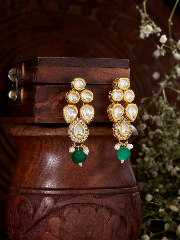 Priyaasi Floral Pattern Drop Earrings with Green Bead and Kundan in Gold Plating