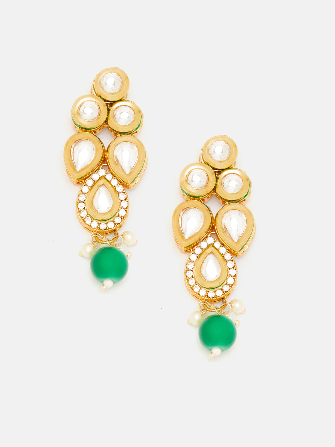 Priyaasi Floral Pattern Drop Earrings with Green Bead and Kundan in Gold Plating