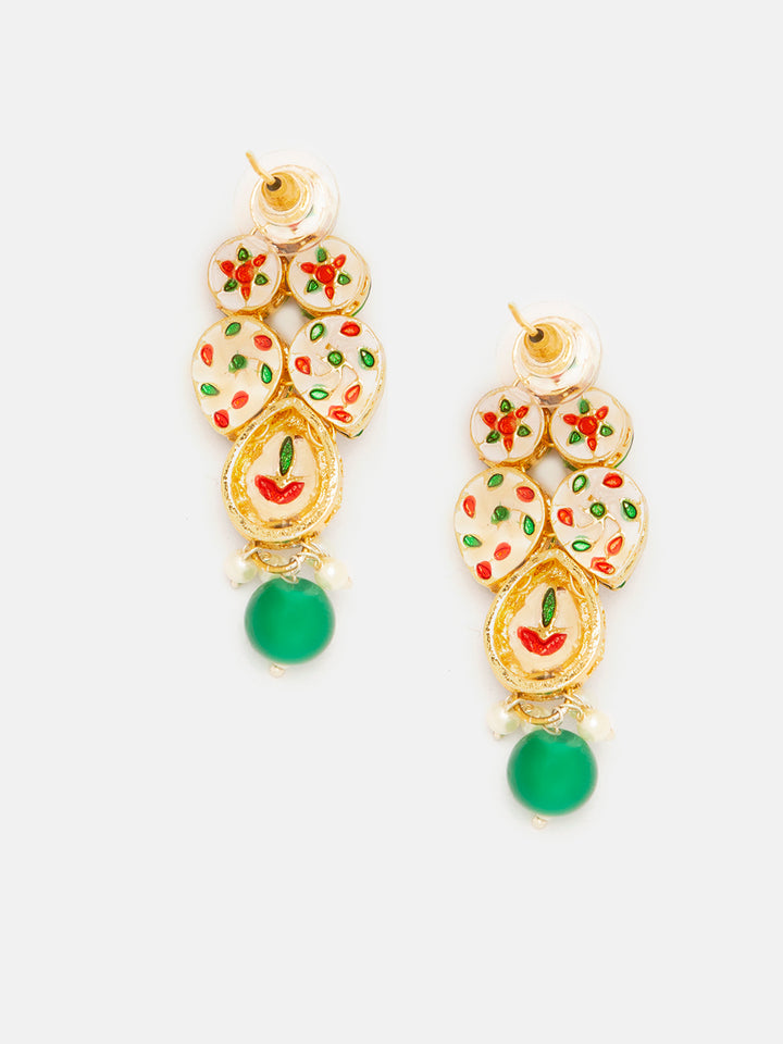 Priyaasi Floral Pattern Drop Earrings with Green Bead and Kundan in Gold Plating