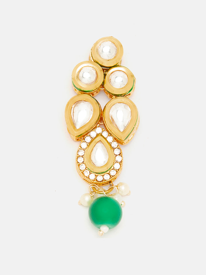 Priyaasi Floral Pattern Drop Earrings with Green Bead and Kundan in Gold Plating