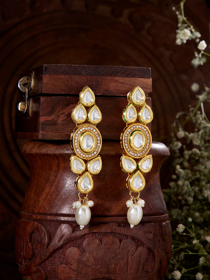 Priyaasi Floral Pattern Kundan Drop Earrings with Pearl Accents