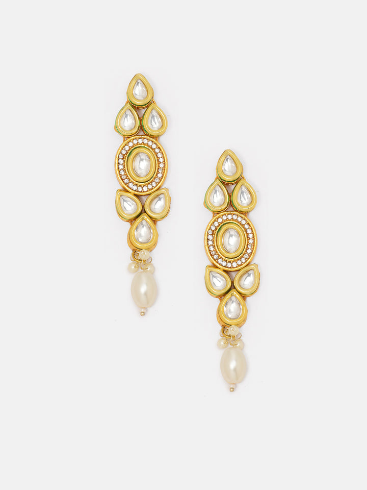 Priyaasi Floral Pattern Kundan Drop Earrings with Pearl Accents