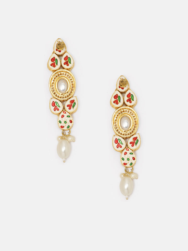 Priyaasi Floral Pattern Kundan Drop Earrings with Pearl Accents