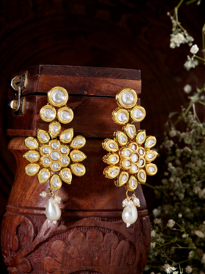 Priyaasi Gold Plated Bloom Exquisite Pearl and Kundan Drop Earrings