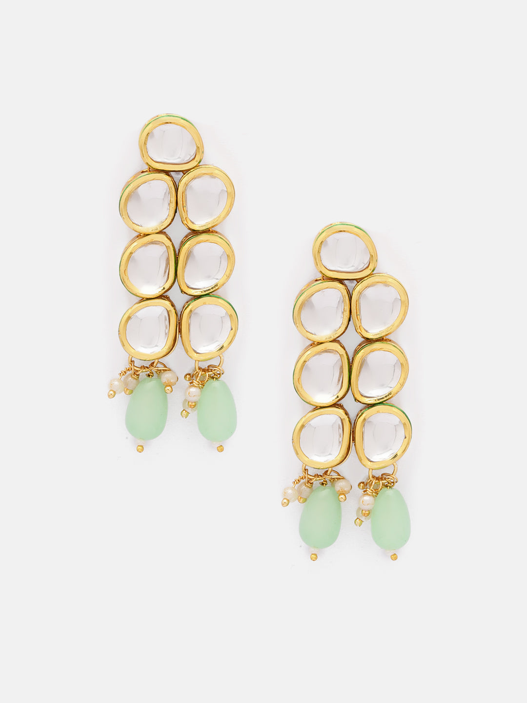 Priyaasi Geometrical Design Two Layered Kundan Gold Plated Mint Bead Earrings