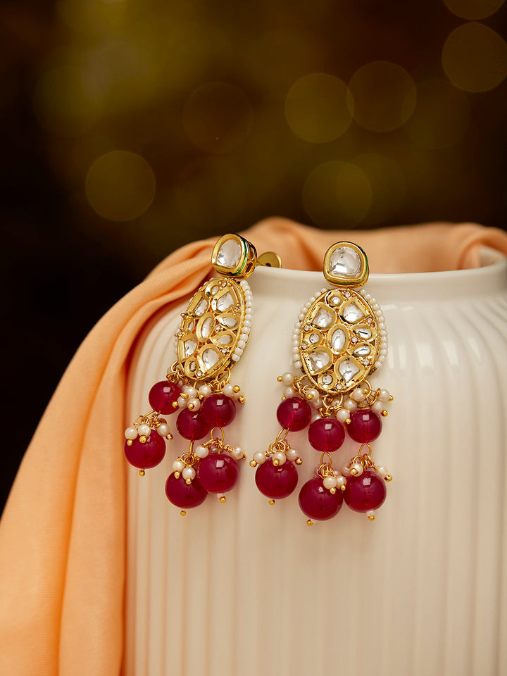 Priyaasi Opulent Kundan Red Bead Floral Pearl Pattern Gold Plated Drop Earrings