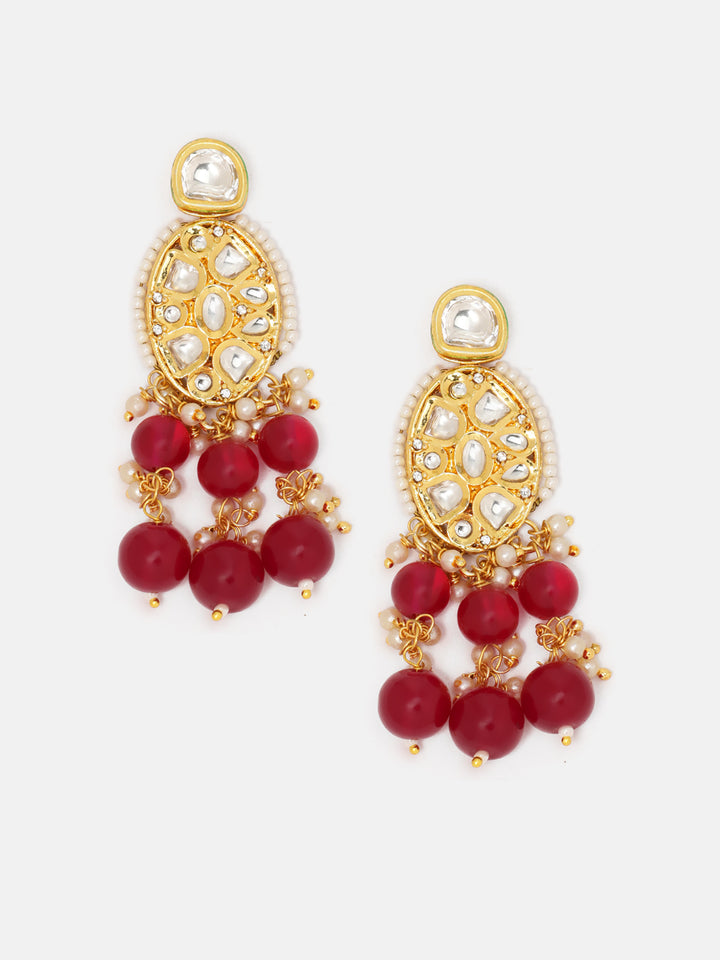 Priyaasi Opulent Kundan Red Bead Floral Pearl Pattern Gold Plated Drop Earrings