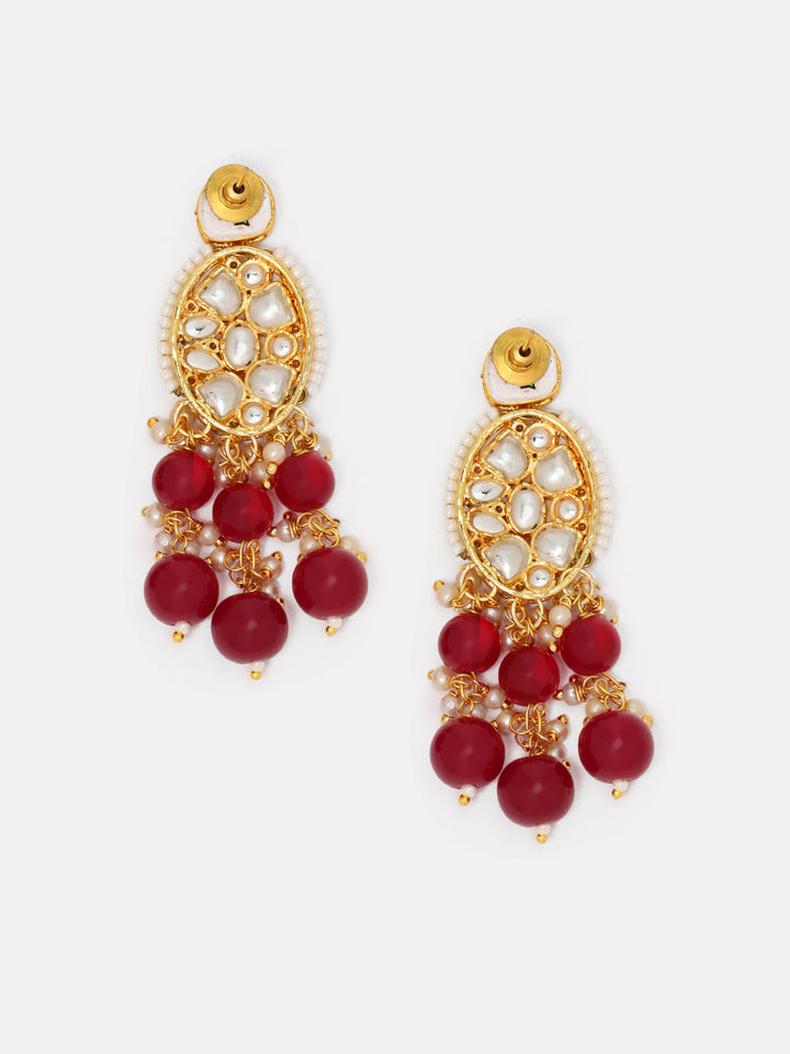 Priyaasi Opulent Kundan Red Bead Floral Pearl Pattern Gold Plated Drop Earrings