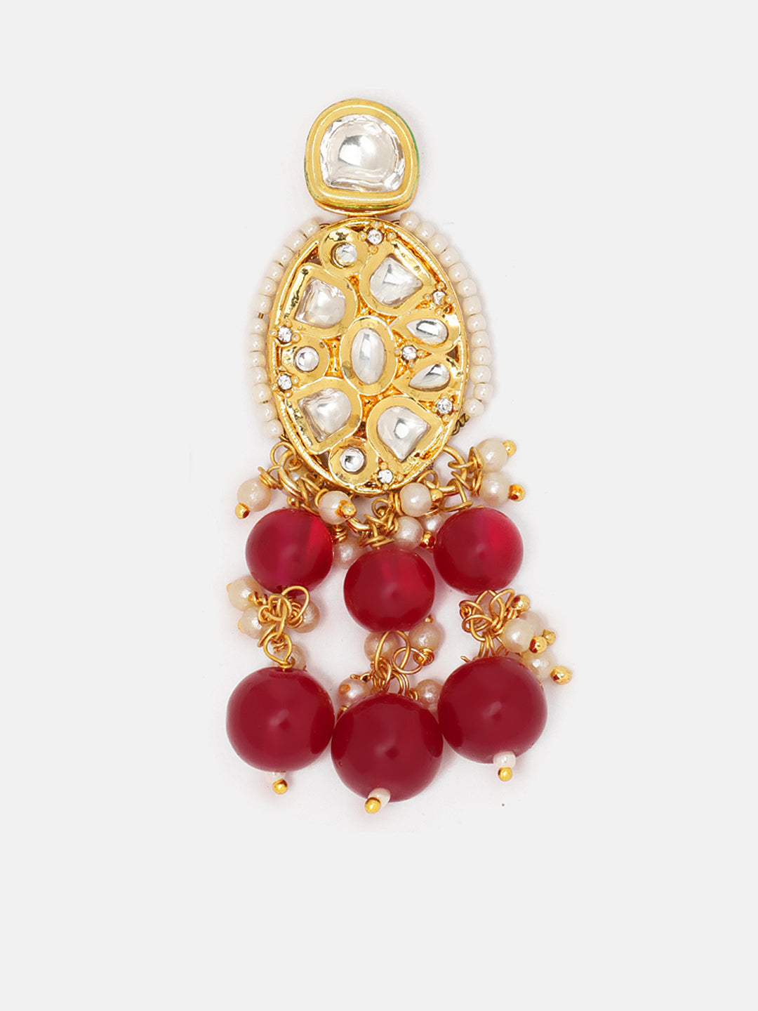 Priyaasi Opulent Kundan Red Bead Floral Pearl Pattern Gold Plated Drop Earrings