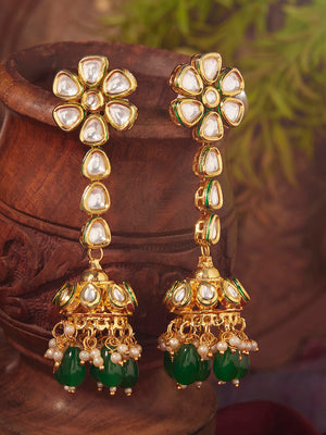 Priyaasi Kundan Drop Earrings with Floral Jhumki Pattern and Green Beads