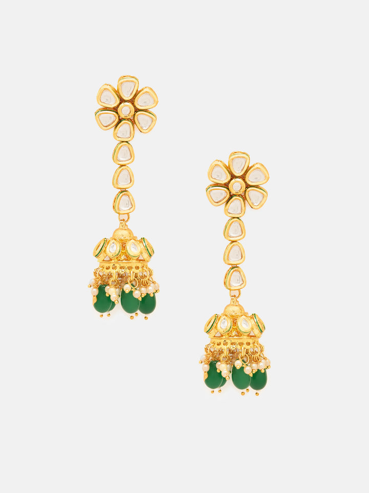 Priyaasi Kundan Drop Earrings with Floral Jhumki Pattern and Green Beads