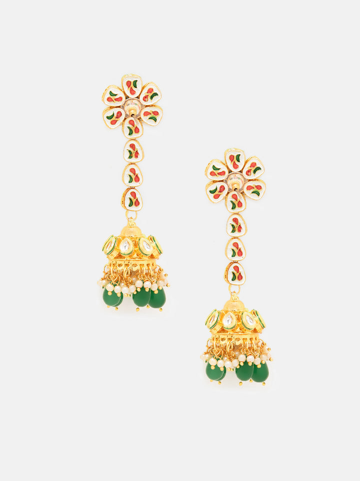 Priyaasi Kundan Drop Earrings with Floral Jhumki Pattern and Green Beads