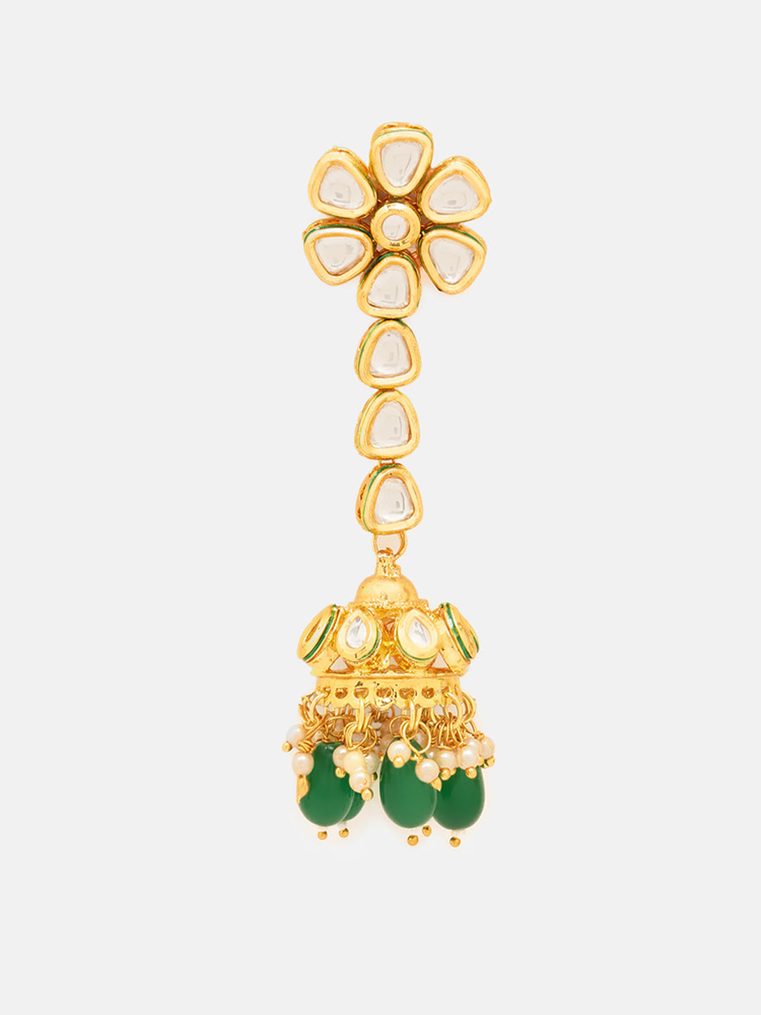 Priyaasi Kundan Drop Earrings with Floral Jhumki Pattern and Green Beads