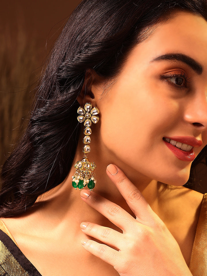 Priyaasi Kundan Drop Earrings with Floral Jhumki Pattern and Green Beads